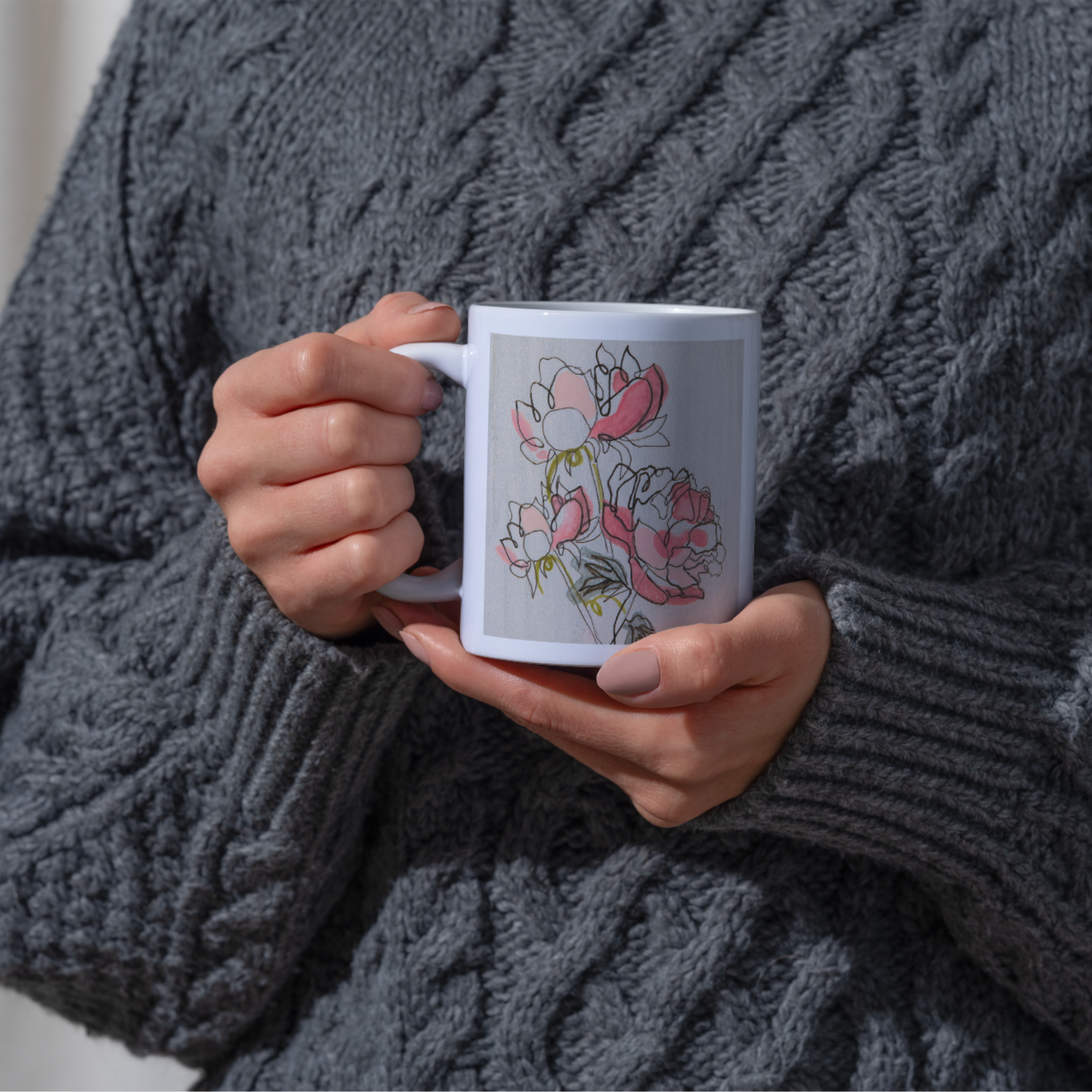 Modern Peony Mug – Line & Watercolor Ceramic Coffee Mug