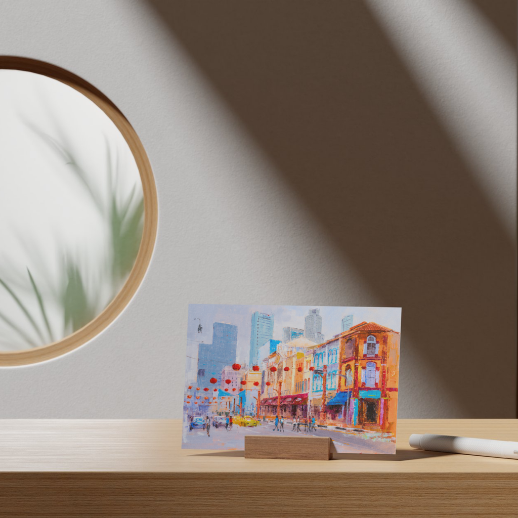 Singapore Chinatown Street Scene Landscape Card – Curated Acrylic Painting Design