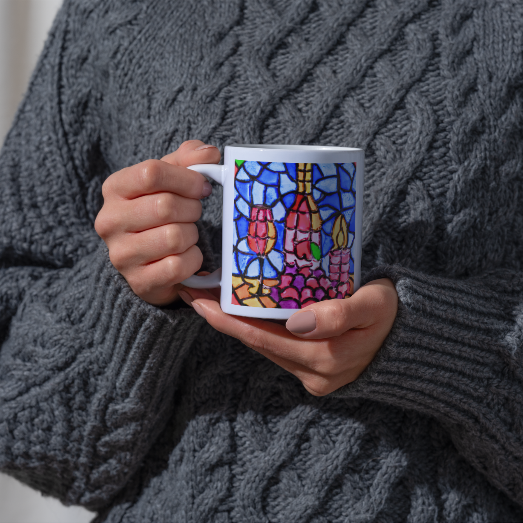 Stained Glass Wine & Candlelight Mug – Elegant Mosaic Ceramic Coffee Mug