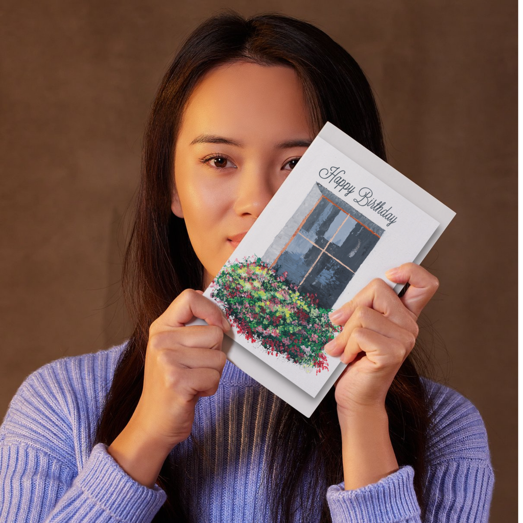 Window Garden Card – Happy Birthday Greeting Card with Painted Window & Flower Bed