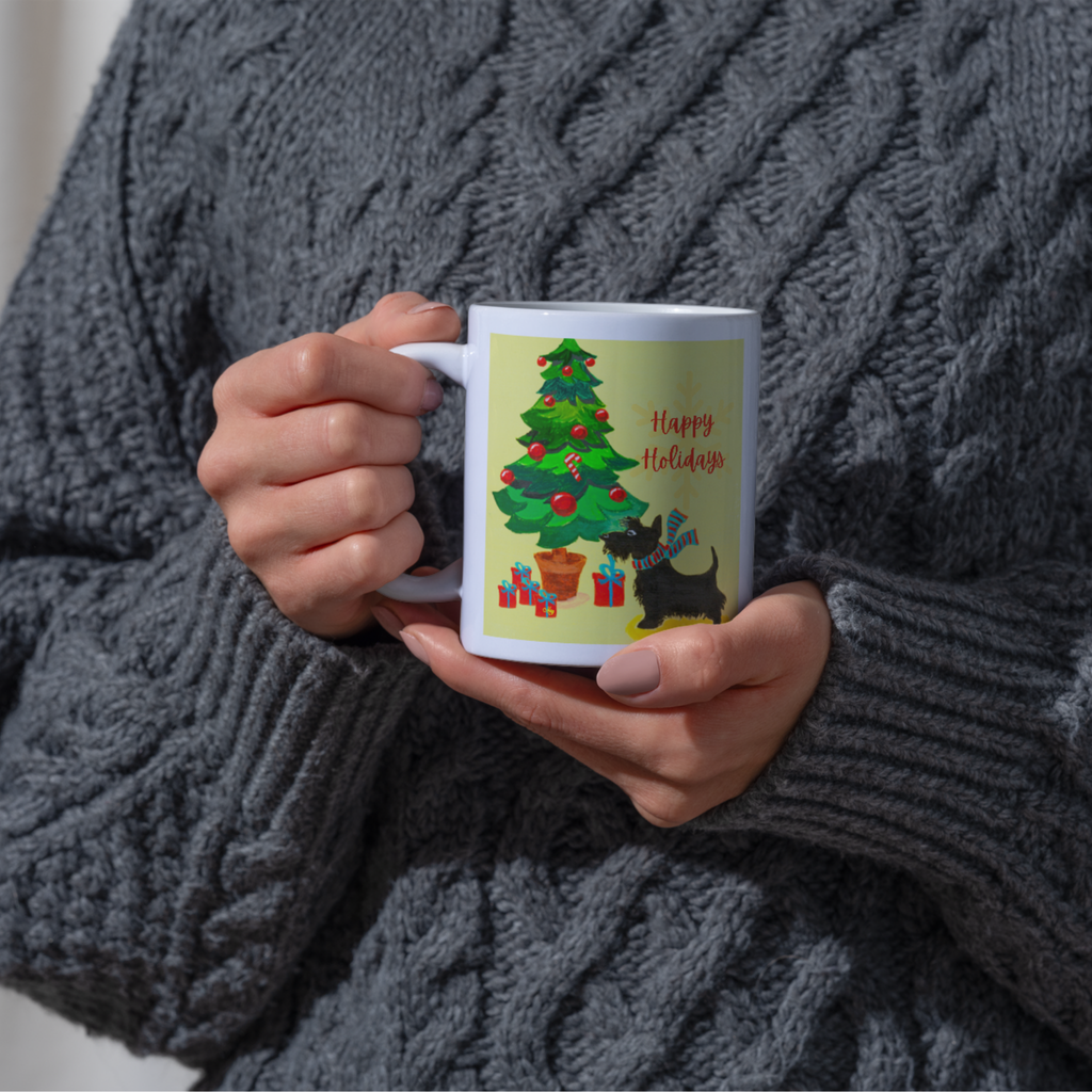 Scottie Dog & Christmas Tree Mug – Happy Holidays Dog Ceramic Coffee Mug