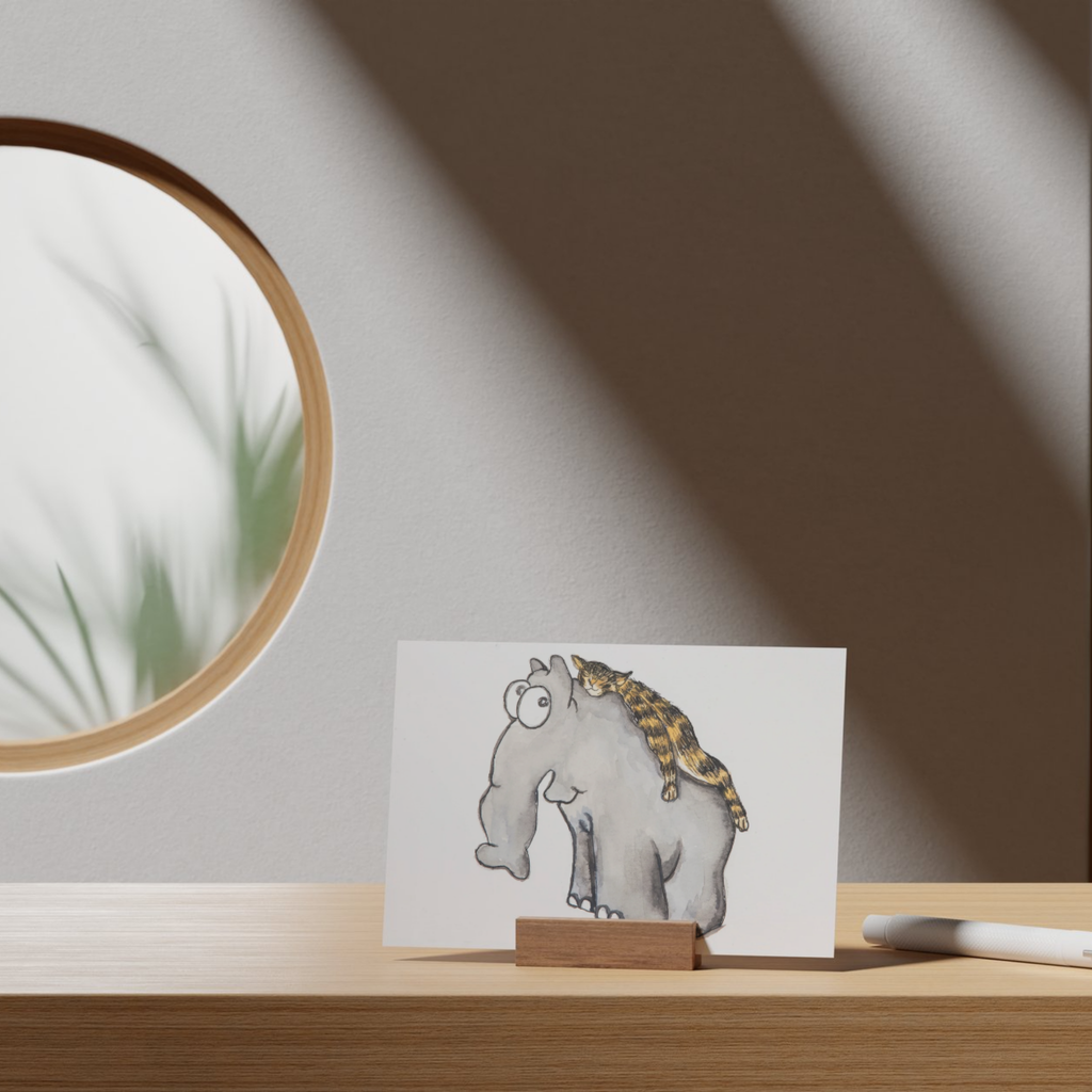Elephant & Cat Inspired Watercolor Art Card – Playful Companionship