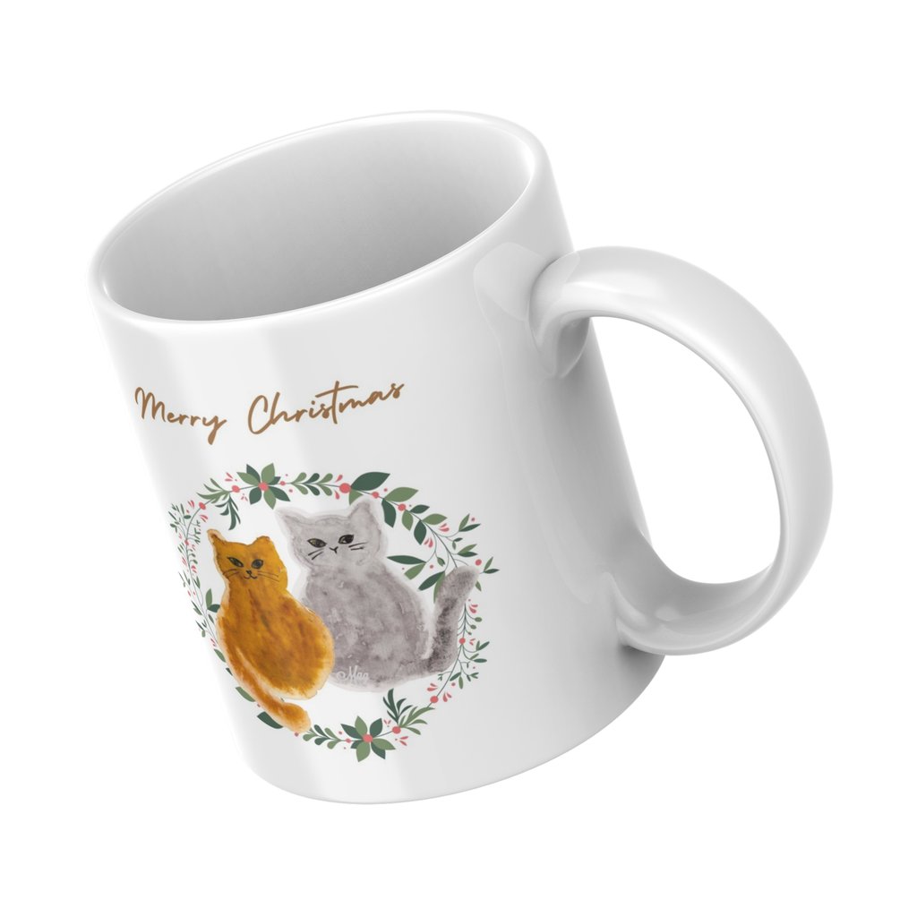 Two Cats Floral Wreath Mug – Merry Christmas Cats Ceramic Coffee Mug