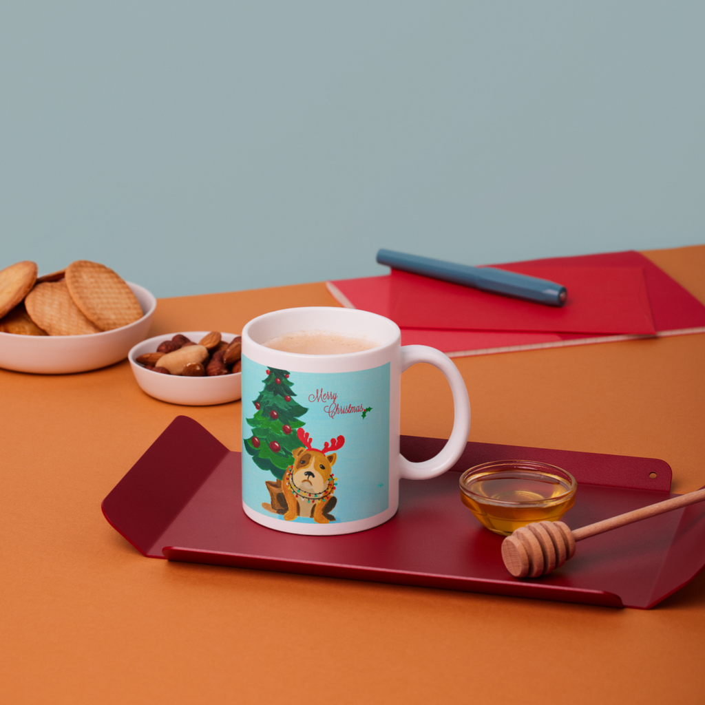 Grumpy Bulldog Reindeer Mug – Funny Christmas Dog Ceramic Coffee Mug
