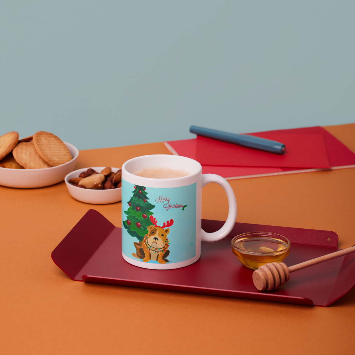 Grumpy Bulldog Reindeer Mug – Funny Christmas Dog Ceramic Coffee Mug