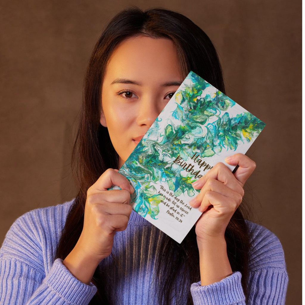 Acrylic Flow Card – Happy Birthday Greeting Card with Abstract Swirls & Psalm 118:24 Blessing