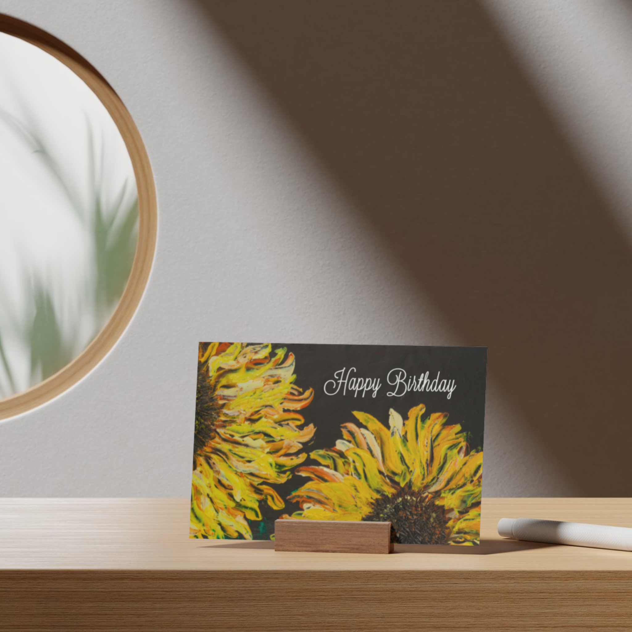 Sunflower Ember Card – Happy Birthday Greeting Card with Bold Sunflower Painting on Dark Background
