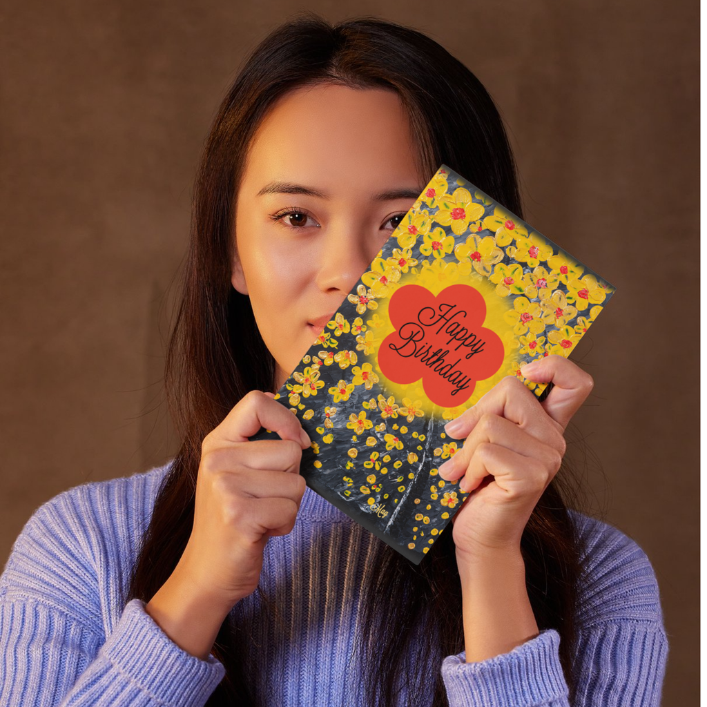 Radiant Bloom Card – Happy Birthday Greeting Card with Yellow Blossoms