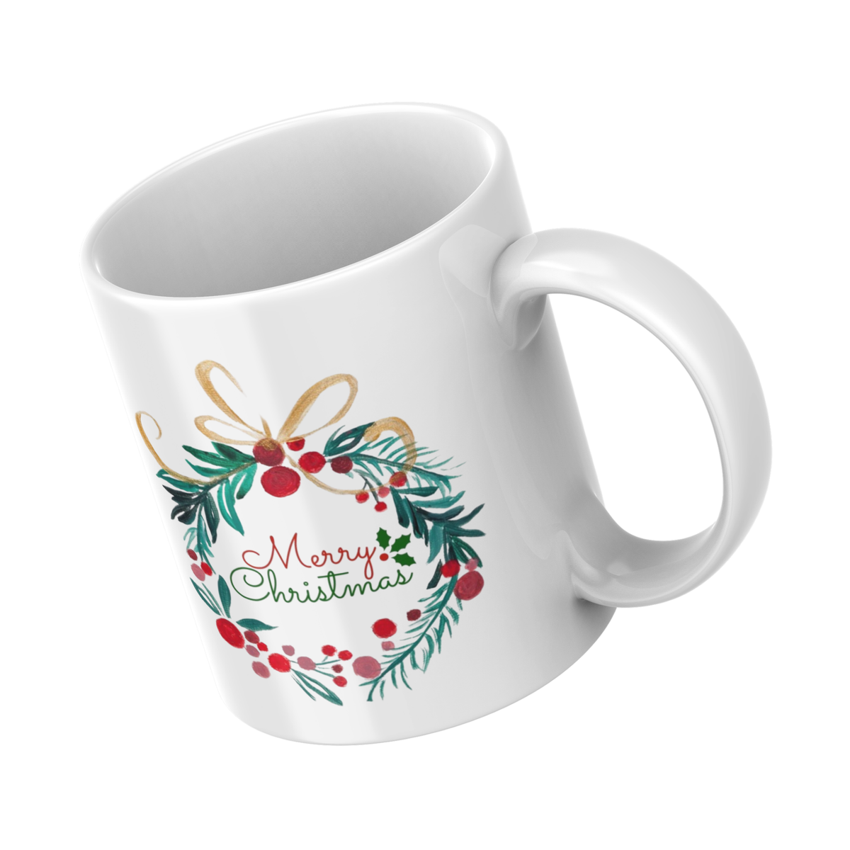 Christmas Wreath & Golden Bow Mug – Elegant Christmas Ceramic Coffee Mug