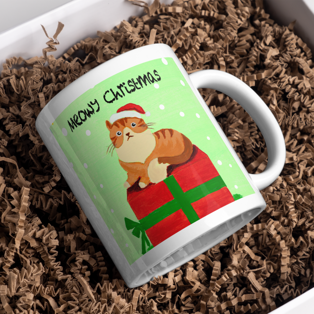 Santa Cat on Gift Box Mug – Meowy Christmas Cat Ceramic Coffee Mug