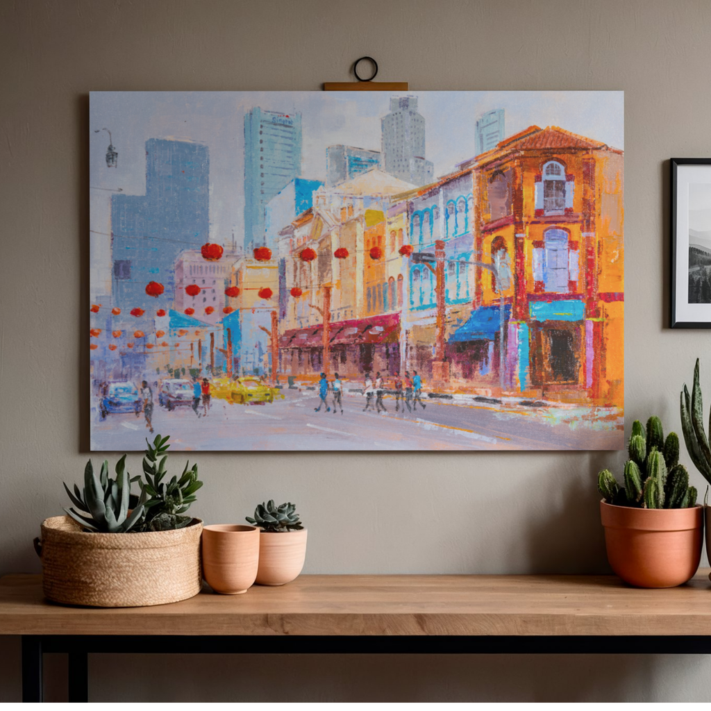 Singapore Chinatown Street Scene Canvas Print – A3 Cultural Landscape Wall Art