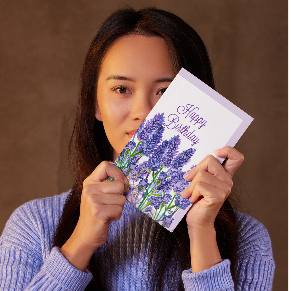 Lavender Field Card – Happy Birthday Greeting Card with Purple Florals & Framed Design