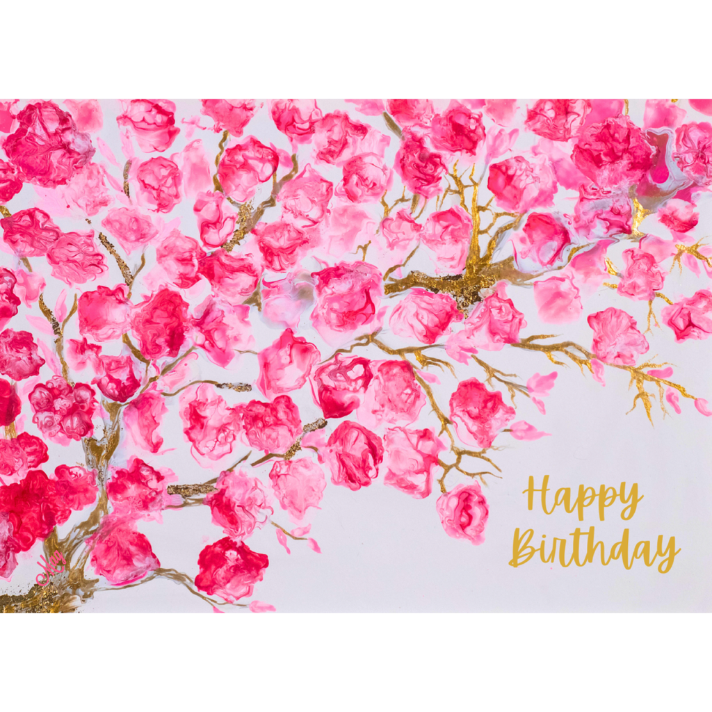 Pink Blossoms Impressionist Card – Happy Birthday Greeting Card with Pink Florals & Gold Branches