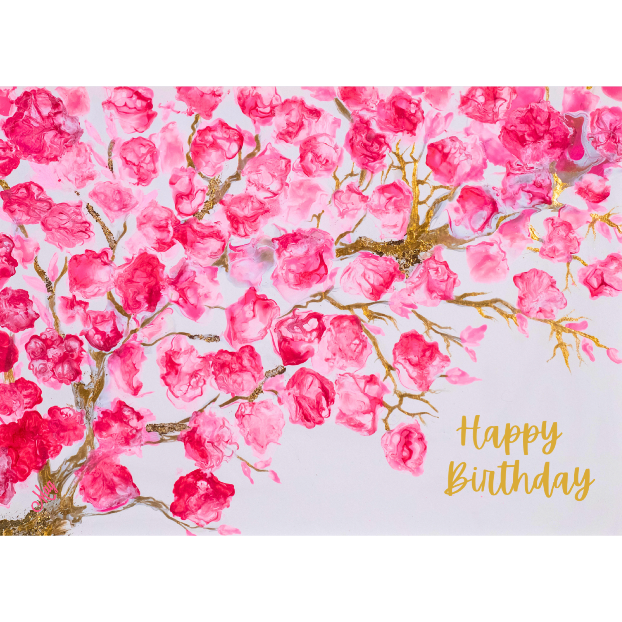 Pink Blossoms Impressionist Card – Happy Birthday Greeting Card with Pink Florals & Gold Branches