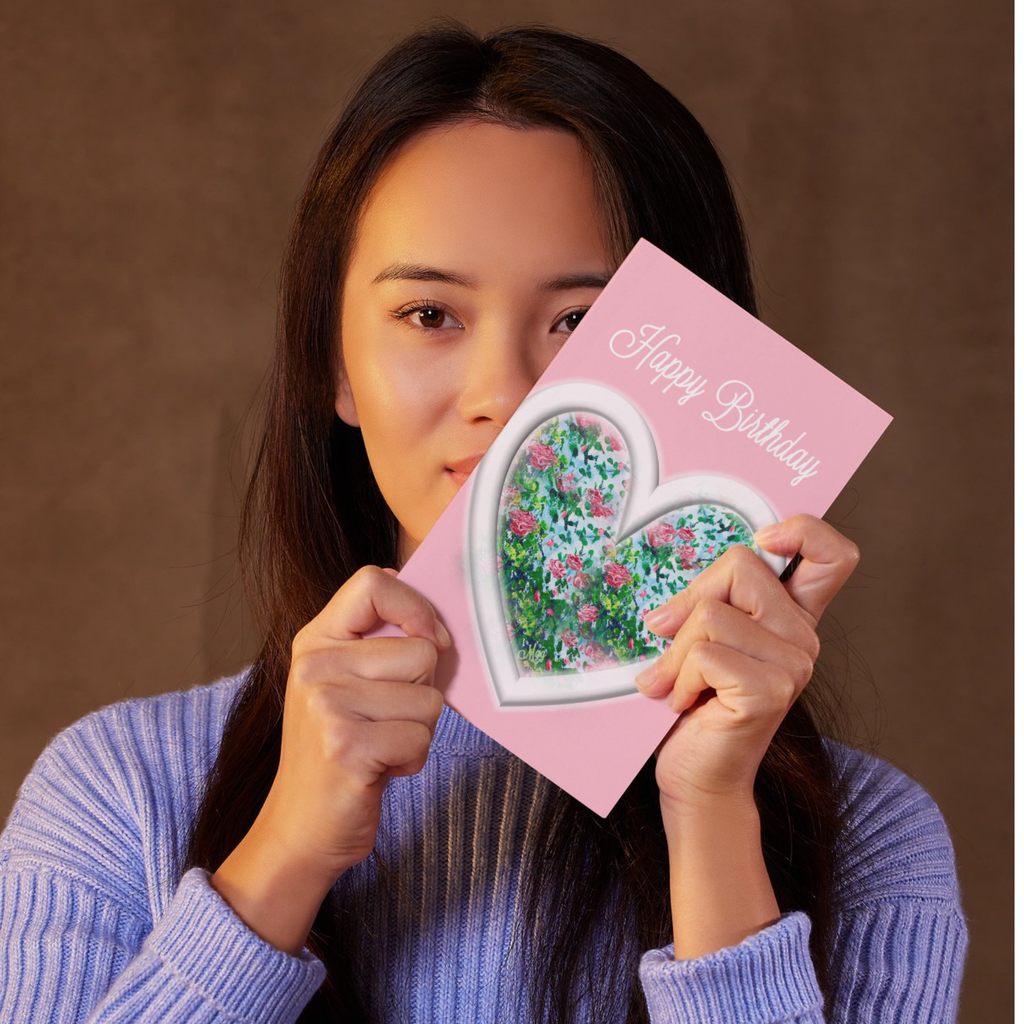 Heart & Roses Card – Happy Birthday Greeting Card with Floral Heart on Pink Background