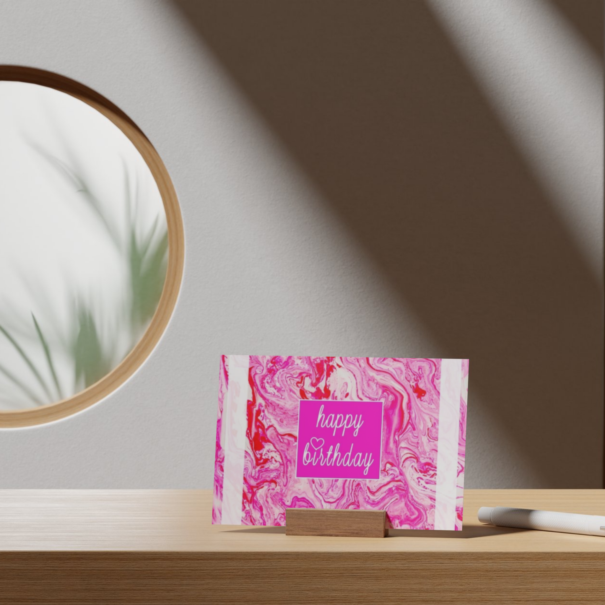 Acrylic Flow Card – Happy Birthday Greeting Card with Pink Marbled Background & Heart Accent