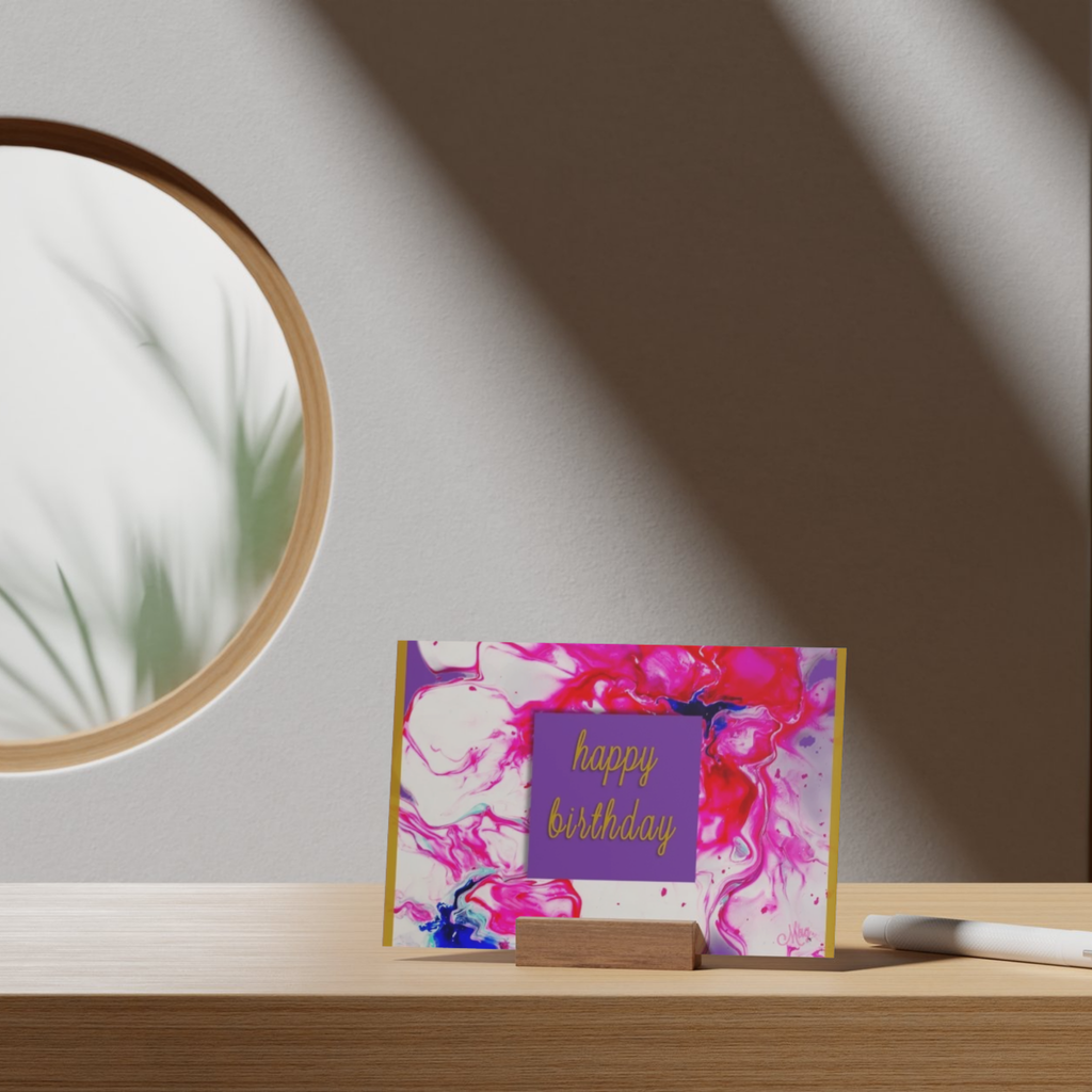 Radiant Swirl Acrylic Flow Card – Happy Birthday Greeting Card with Purple Floral & Gold Frame