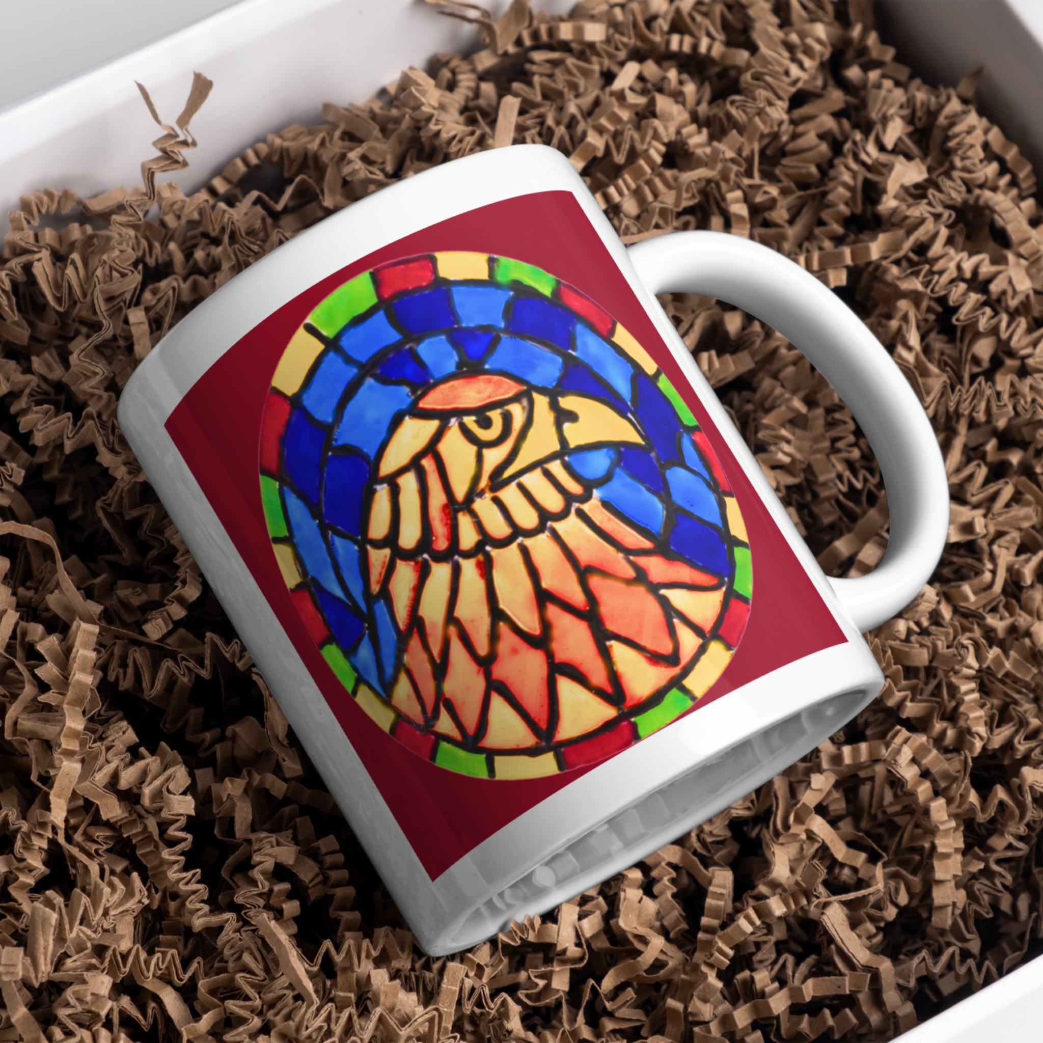 Stained Glass Eagle Portrait Mug – Bold Wildlife Mosaic Ceramic Coffee Mug