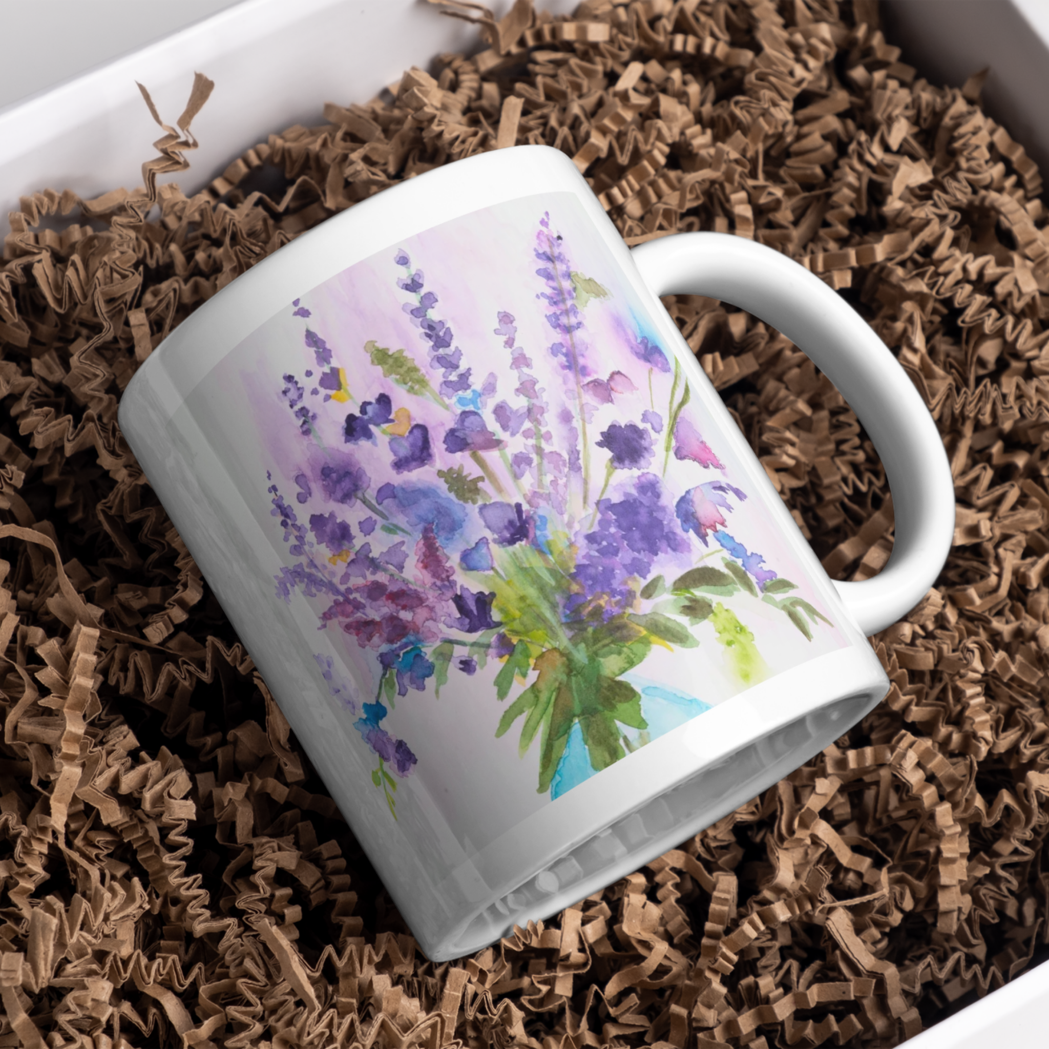 Blue Jar Bouquet Mug – Purple & Pink Flowers Ceramic Coffee Mug