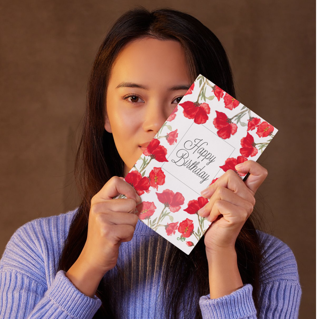 Poppy Frame Card – Happy Birthday Greeting Card with Watercolor Red Poppies