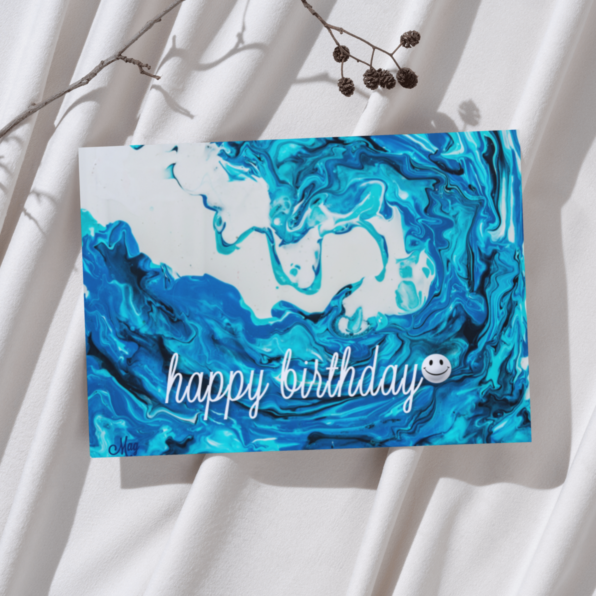 Ocean Swirl Card – Happy Birthday Greeting Card with Acrylic Pour Wave & Smiley Detail