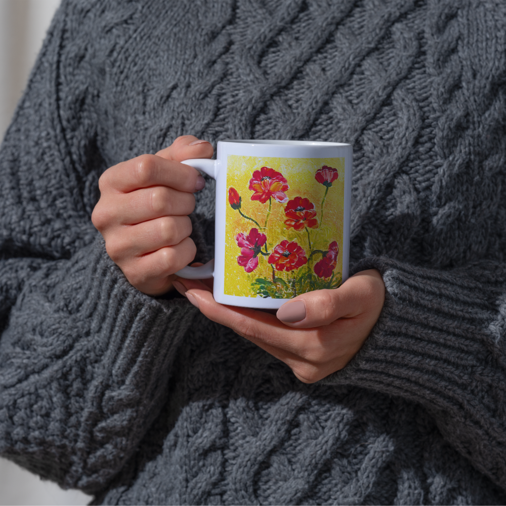 Golden Field Poppies Mug – Textured Floral Ceramic Coffee Mug