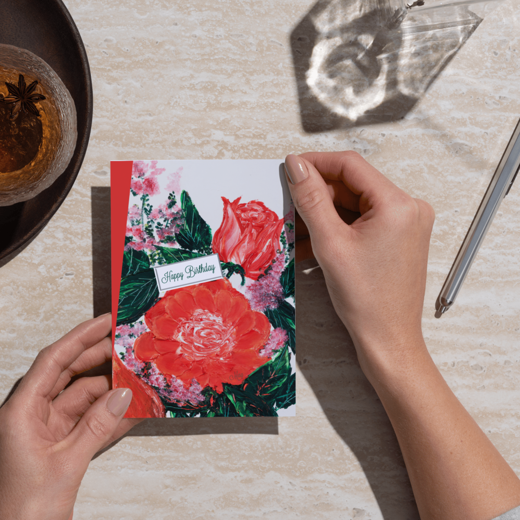 Floral Bloom Card – Happy Birthday Greeting Card with Red & Pink Blossoms