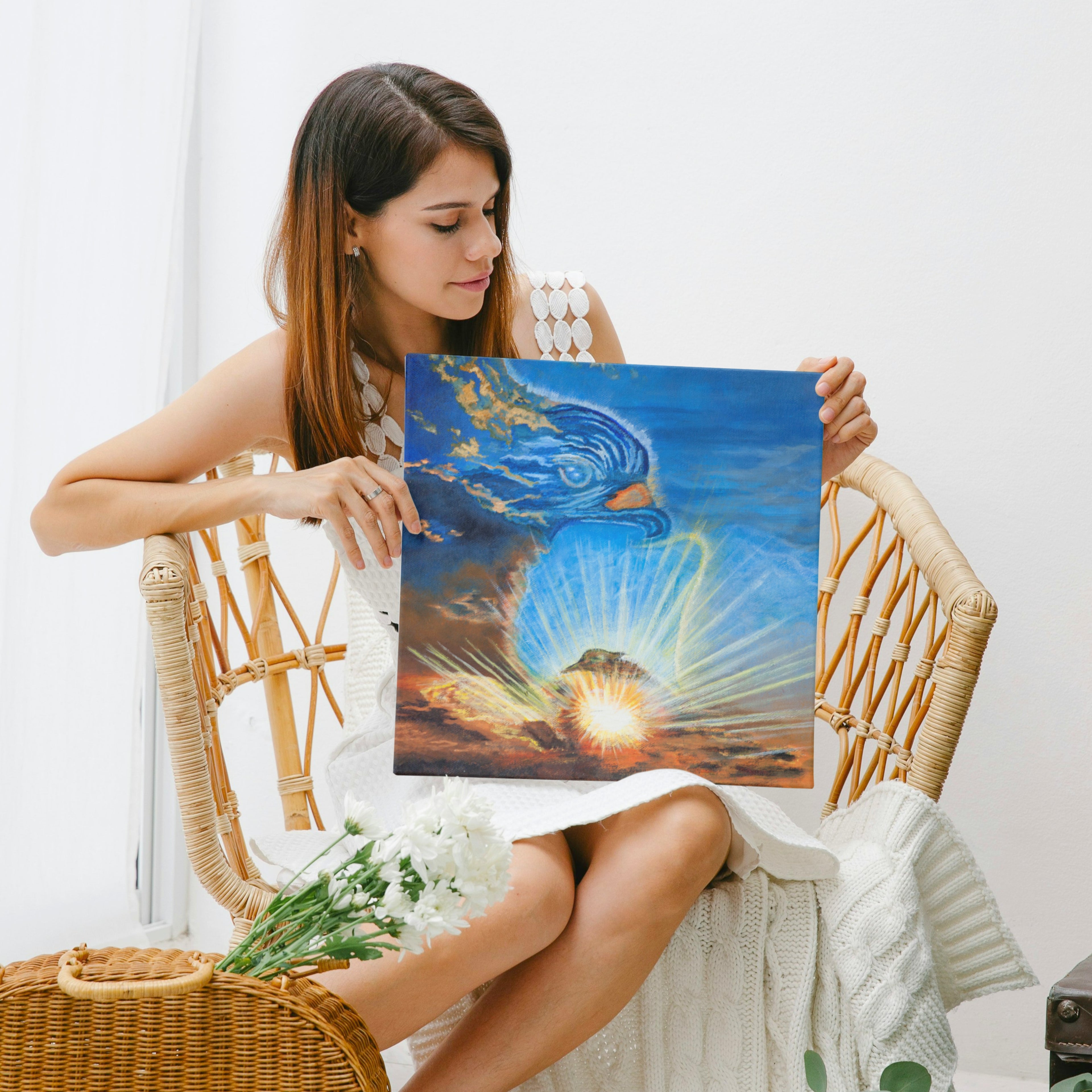 Sky Spirit – Dual-Orientation Abstract Canvas with Bird Cloud & Radiant Light