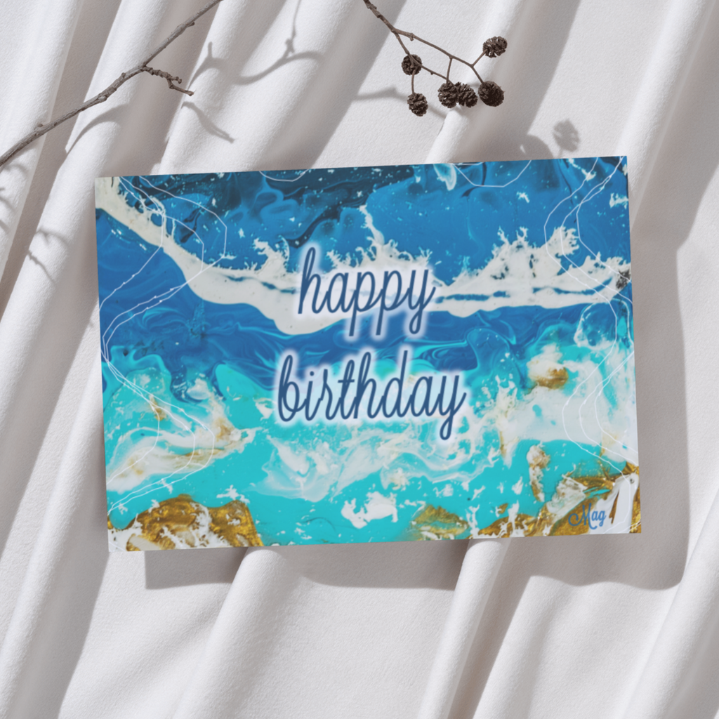 Shoreline Radiance Card – Happy Birthday Greeting Card with Acrylic Pour Sea Shore Waves