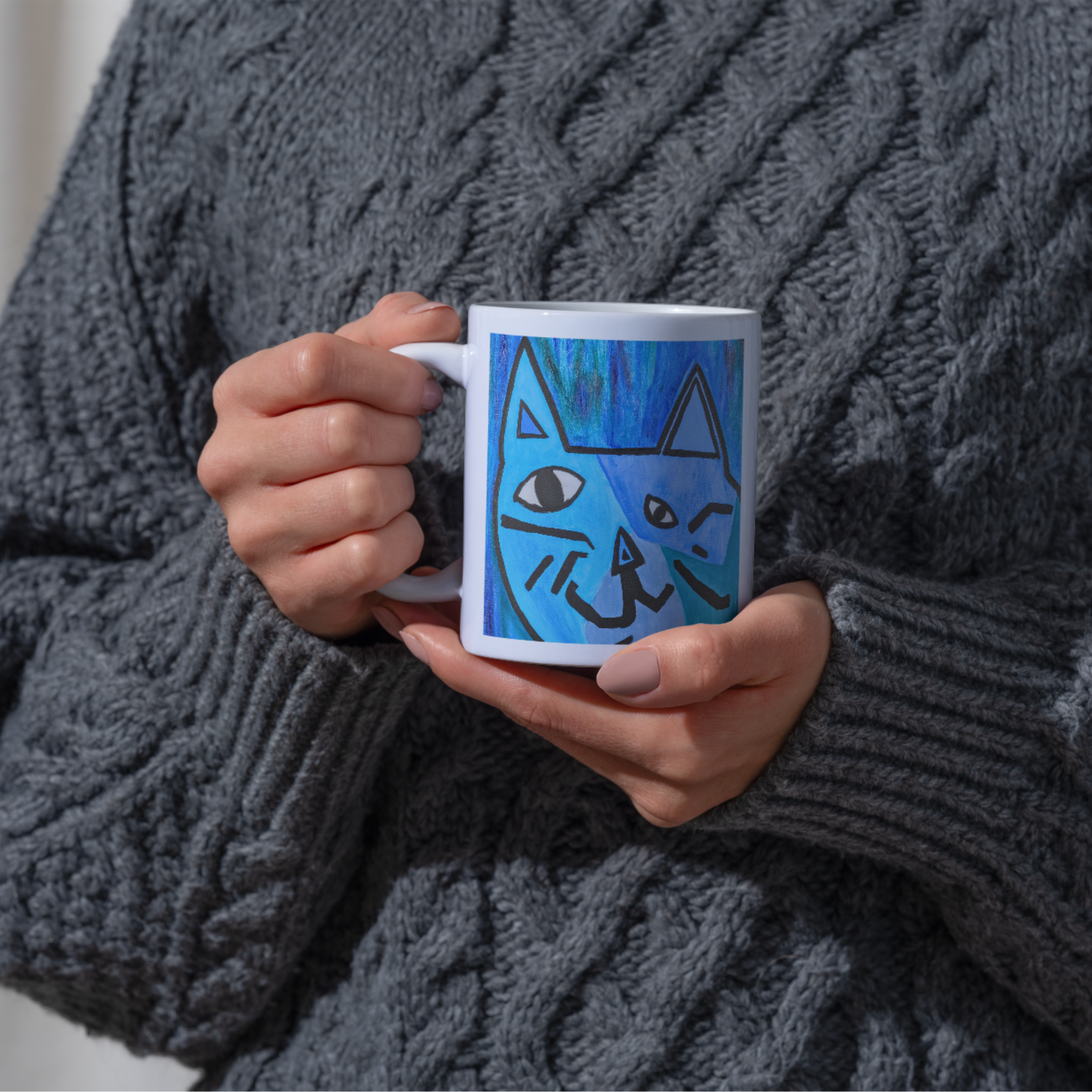 Picasso-Inspired Blue Cat Mug – Bold Abstract Cat Ceramic Coffee Mug