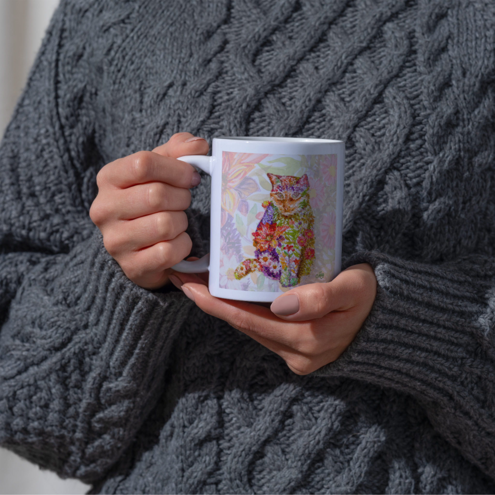 Floral Pointillism Cat Mug – Vibrant Colorful Cat Ceramic Coffee Mug