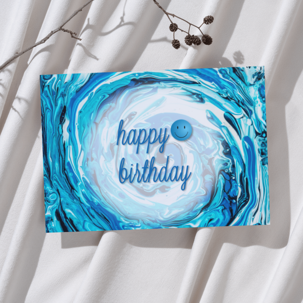 Spiral Splash Card – Happy Birthday Greeting Card with Acrylic Pour Spiral Wave & Smiley Detail