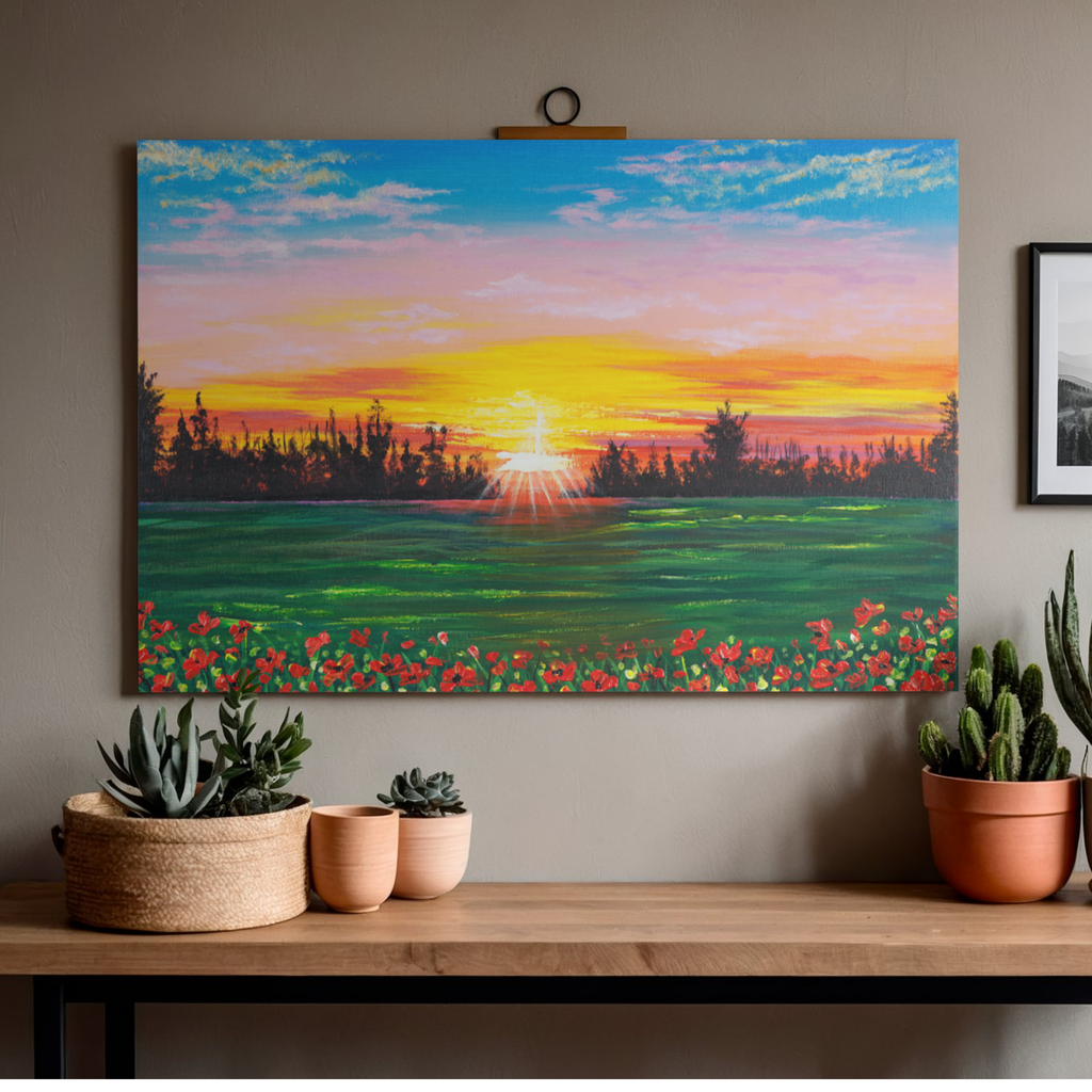 Sunset Field Canvas Print – A3 Romantic Landscape Wall Art