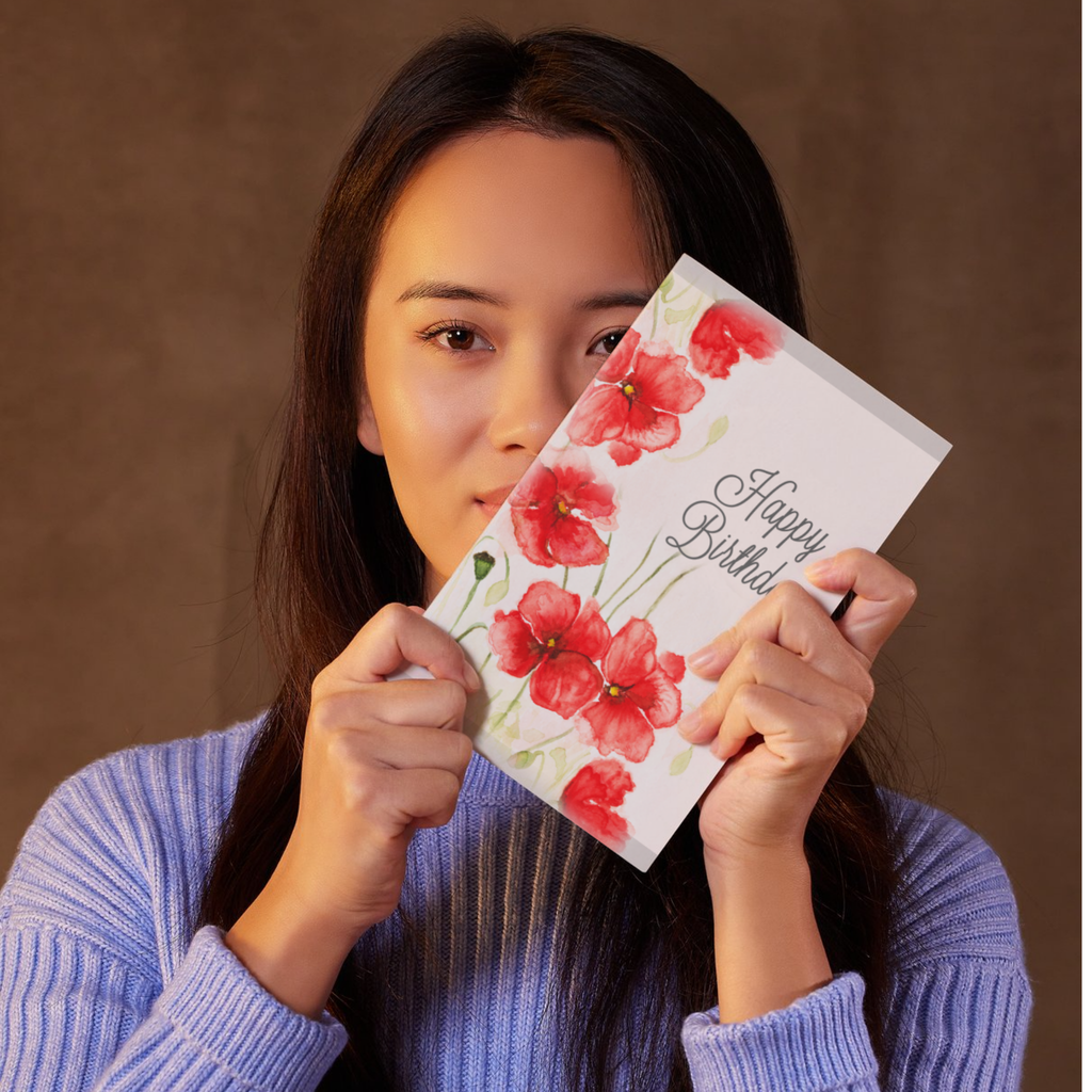 Poppy Blush Card – Happy Birthday Greeting Card with Watercolor Red Poppies