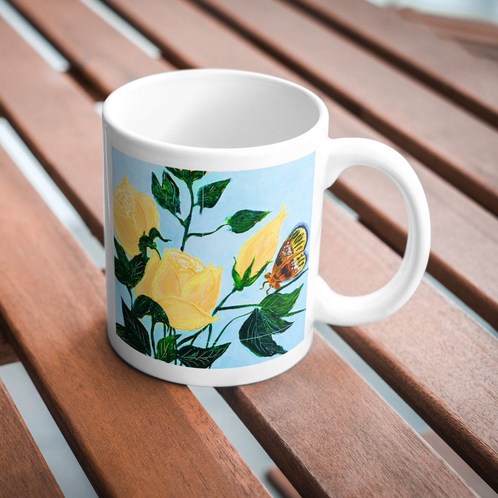 Yellow Roses & Butterfly Mug – Floral Garden Ceramic Coffee Mug