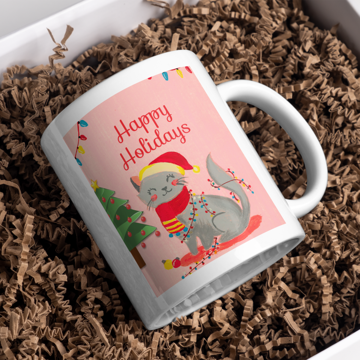 Grey Cat & Fairy Lights Mug – Happy Holidays Cat Ceramic Coffee Mug