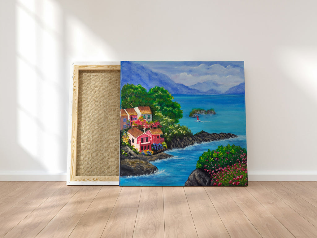 Colourful Coastal Village Canvas Print – Vibrant Seaside Wall Art for Home & Studio