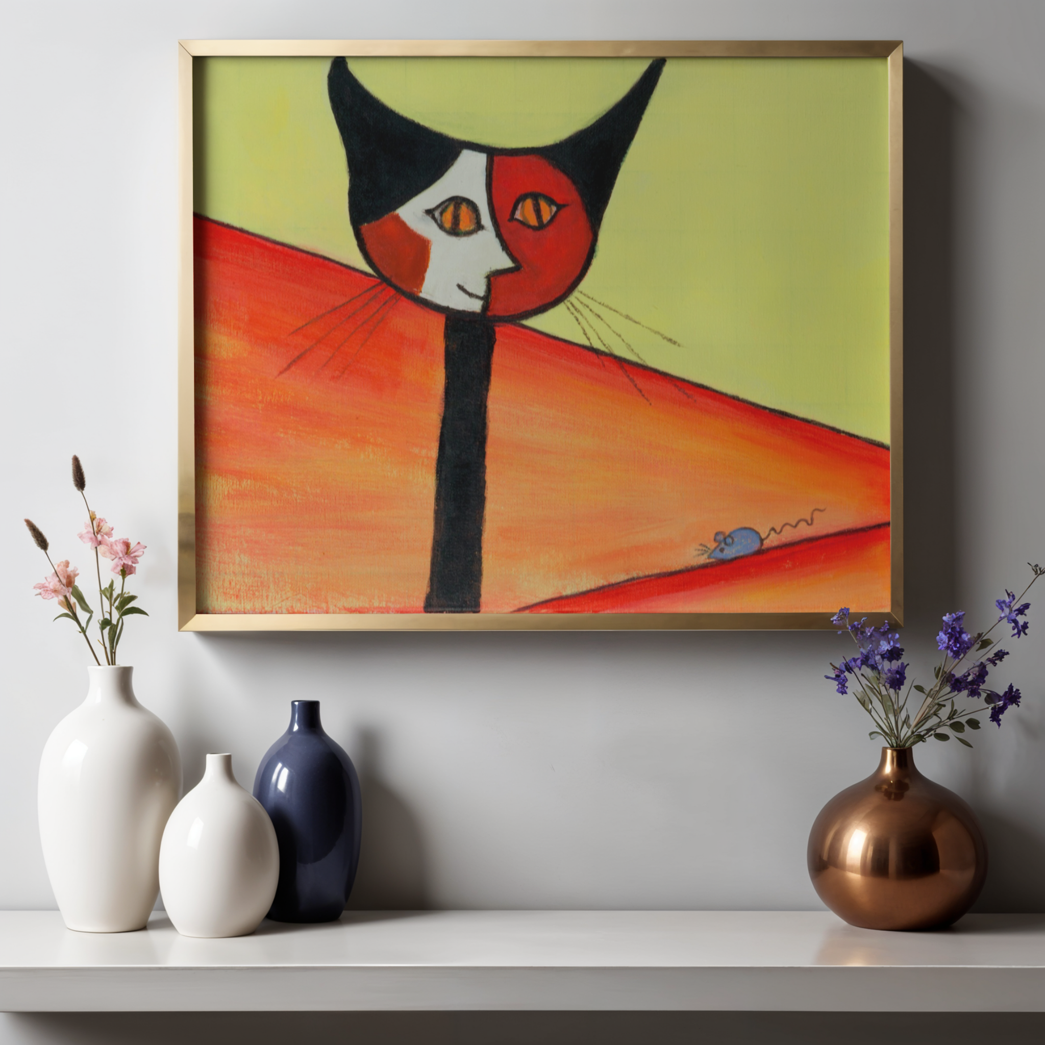 Picasso-Inspired Cat & Mouse Canvas Print – A3 Bold Abstract Wall Art