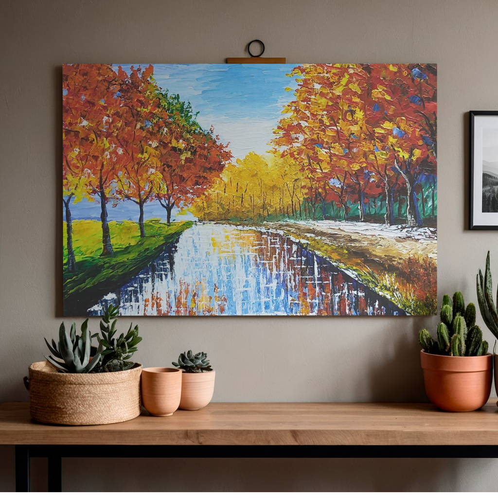 Autumn Trees along the Lake Canvas Print – A3 Fall Landscape Wall Art