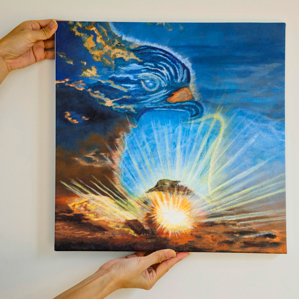 Sky Spirit – Dual-Orientation Abstract Canvas with Bird Cloud & Radiant Light