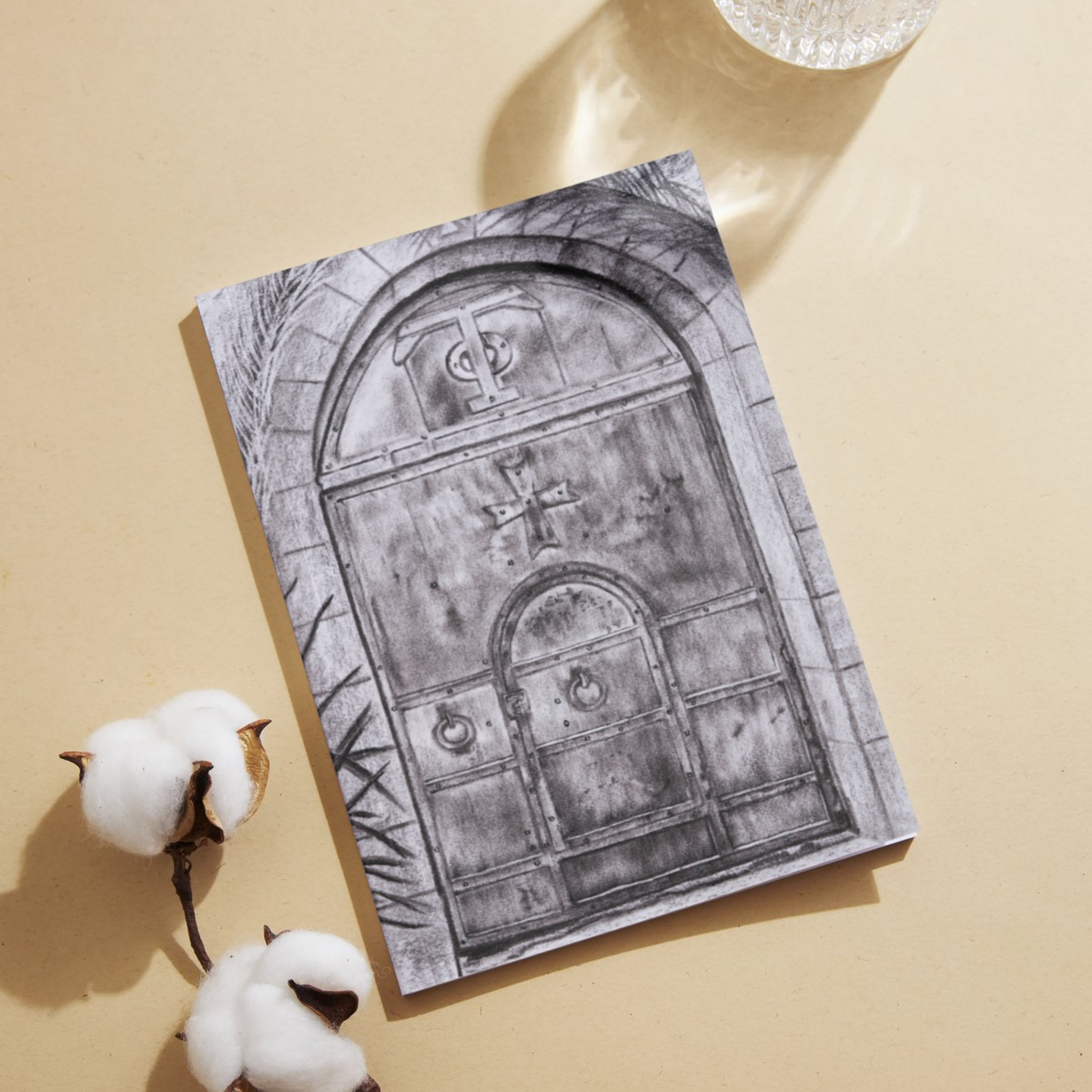 Vintage Arched Doorway – Charcoal Architectural Art Greeting Card (Original Drawing)