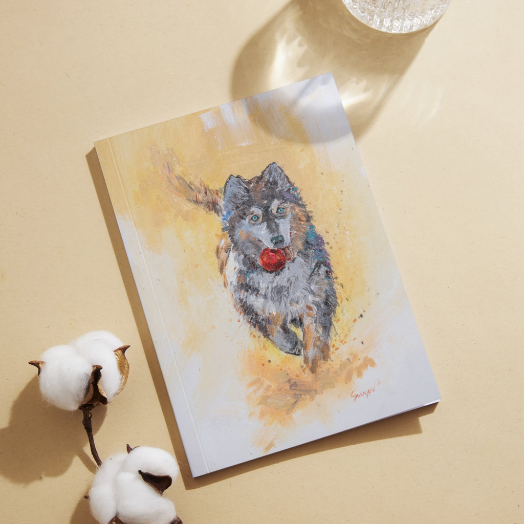 Curated Acrylic Husky Art Card – Playful Motion with Red Ball
