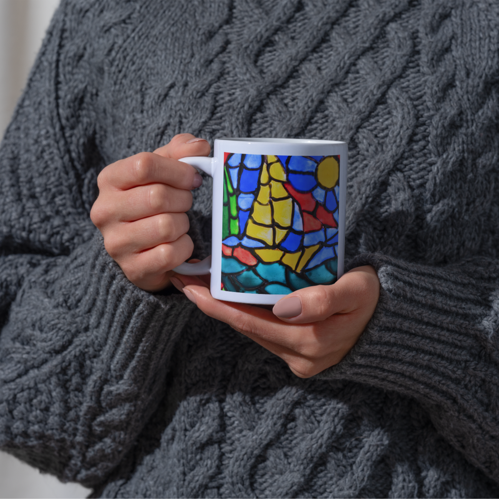 Stained Glass Sailboat at Sea Mug – Nautical Mosaic Ceramic Coffee Mug