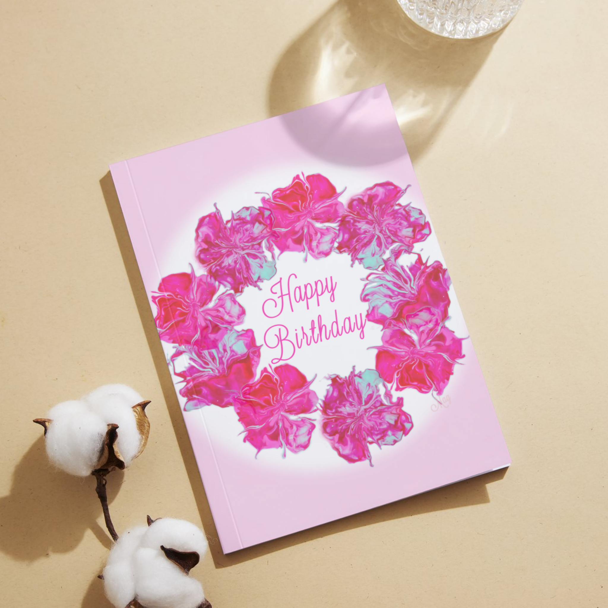 Acrylic Flow Card – Happy Birthday Greeting Card with Floral Ring & Soft Pink Background