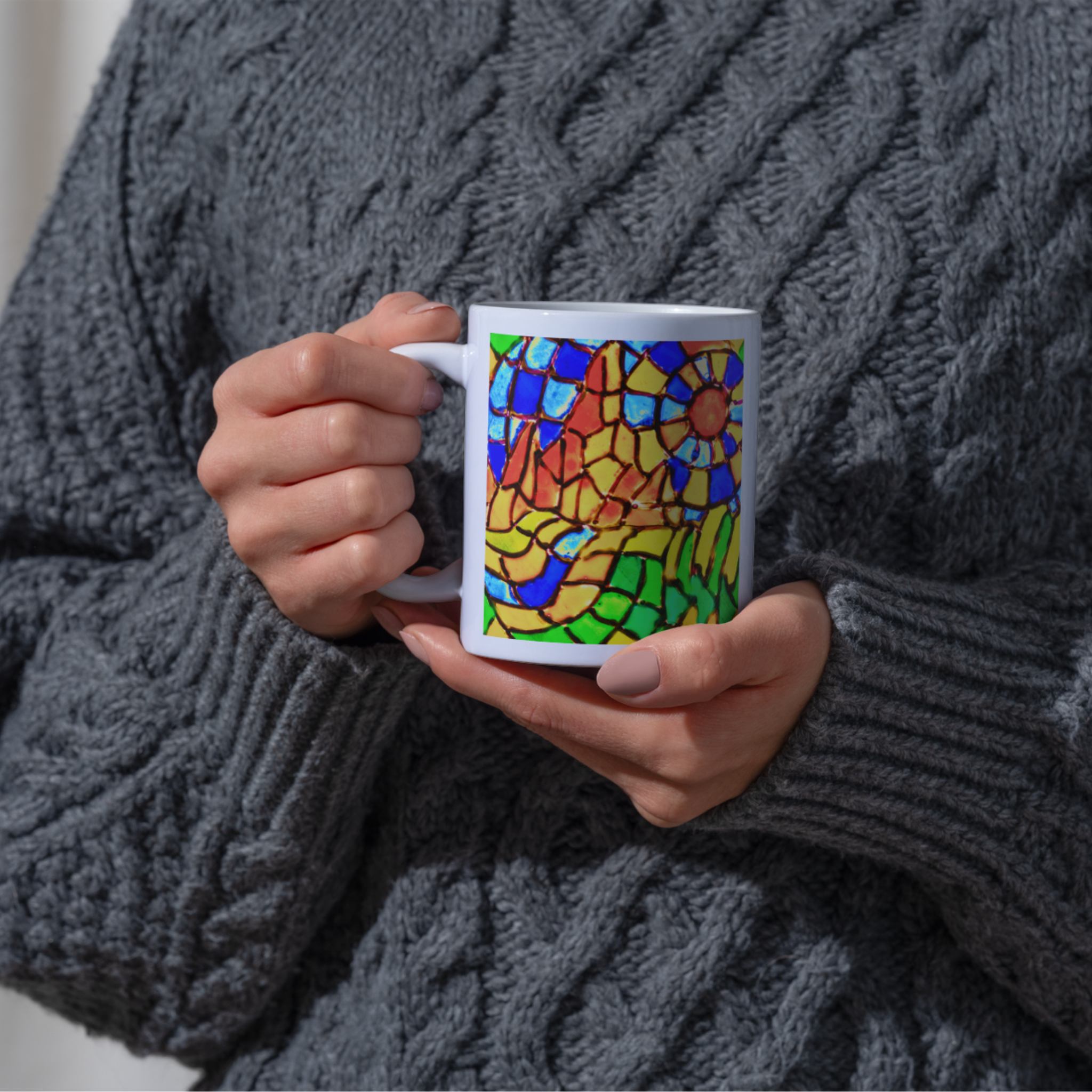 Stained Glass Mountain Landscape Mug – Scenic Mosaic Ceramic Coffee Mug