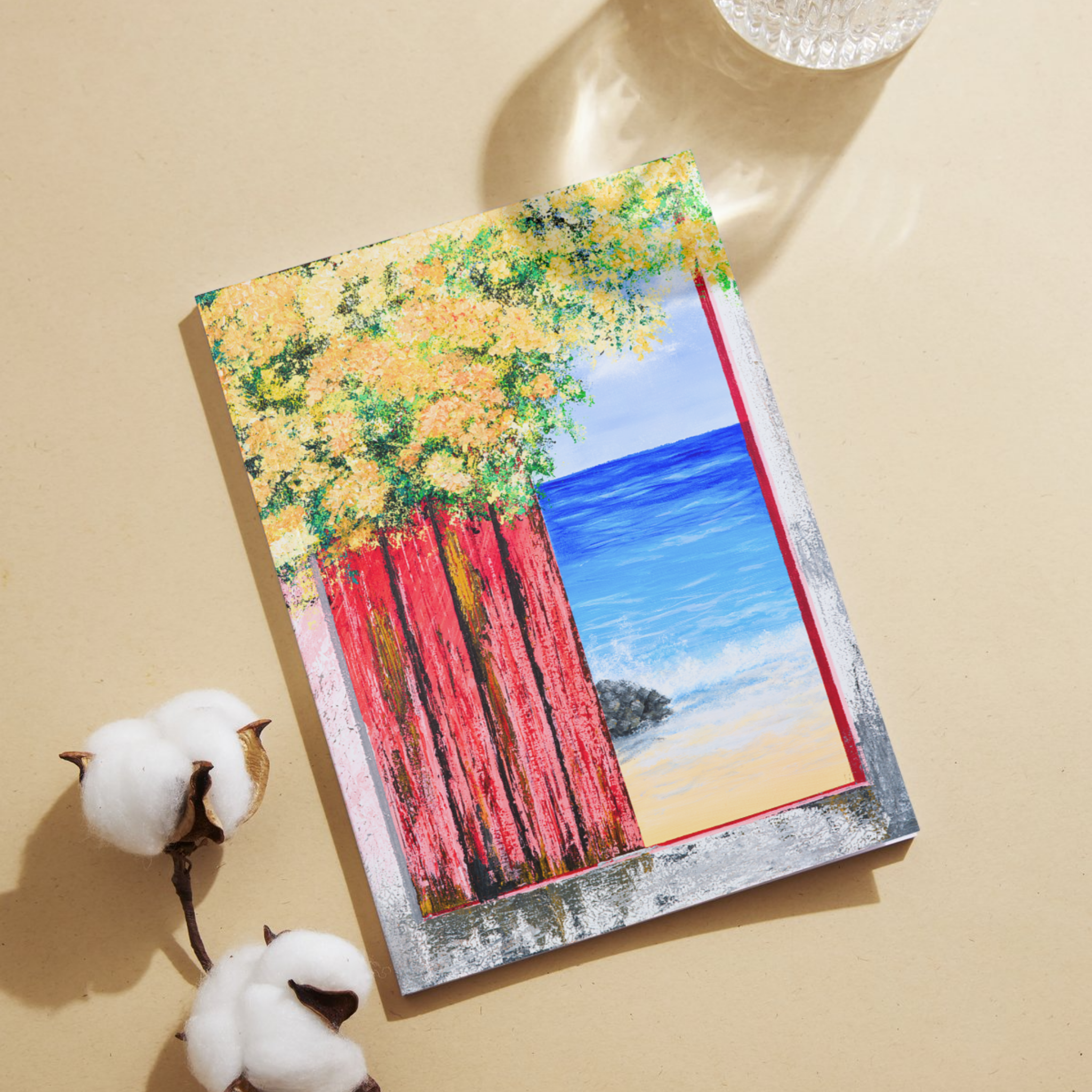 Ocean View with Blossoms Landscape Card – Acrylic Painting Design