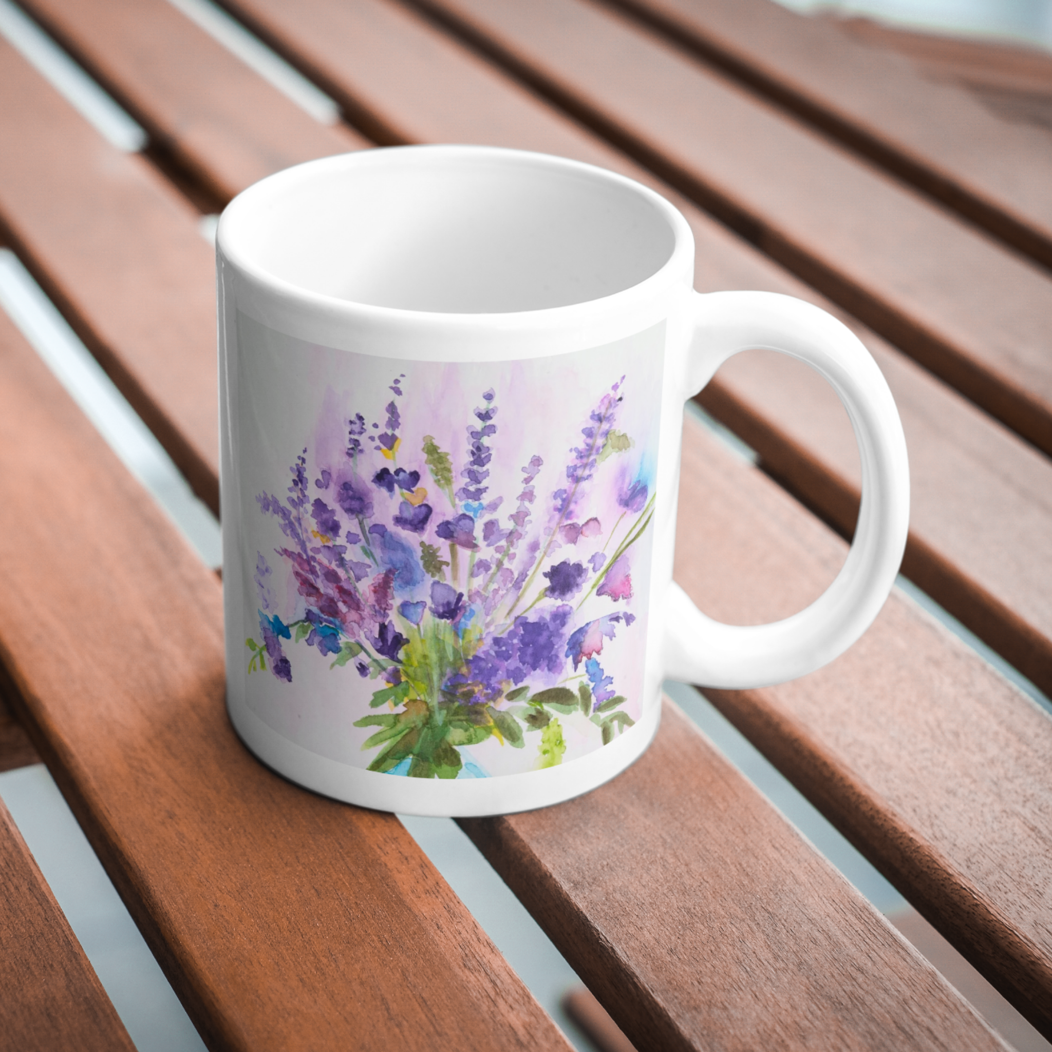 Blue Jar Bouquet Mug – Purple & Pink Flowers Ceramic Coffee Mug