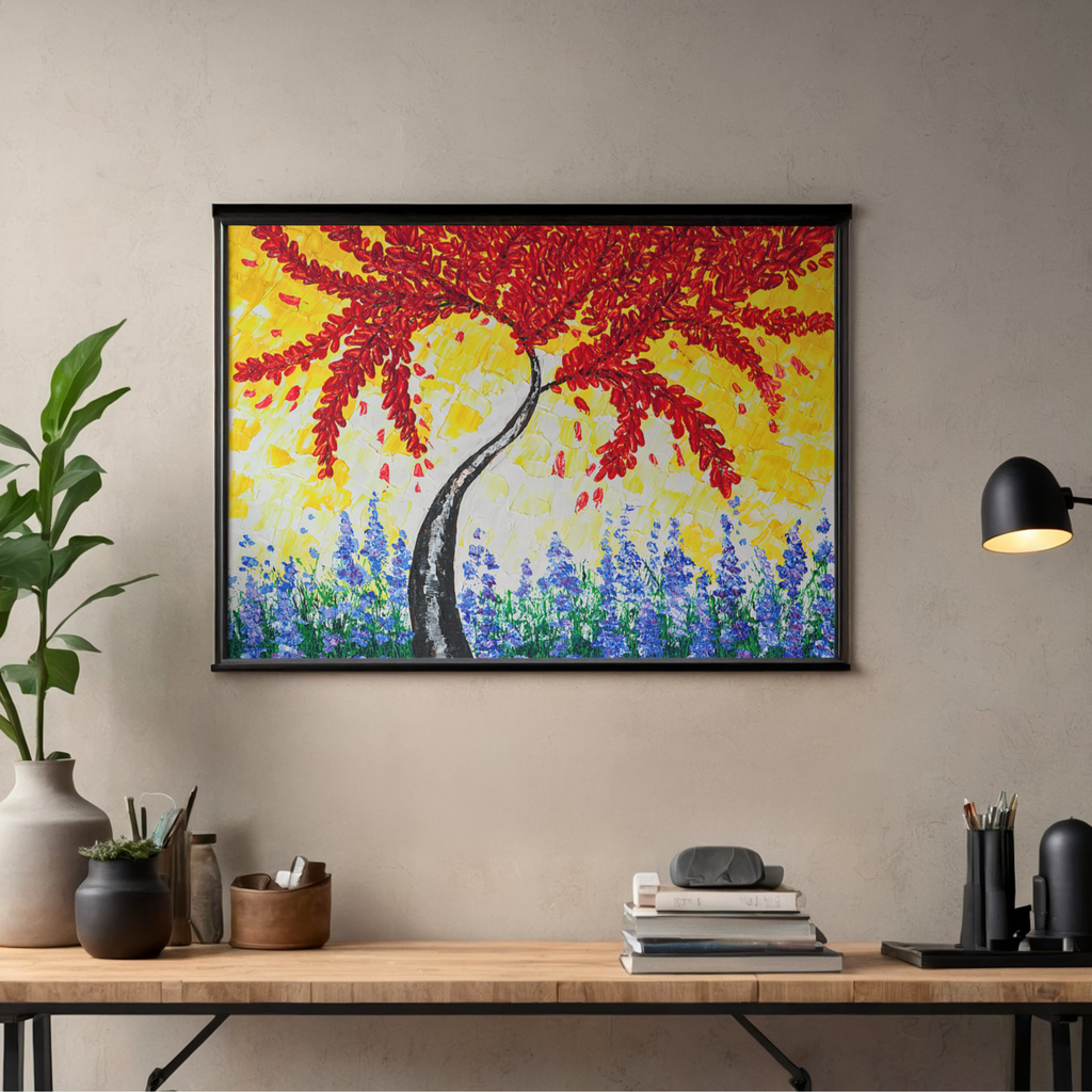 Crimson Tree Canvas Print – A3 Bold Red Floral Wall Art