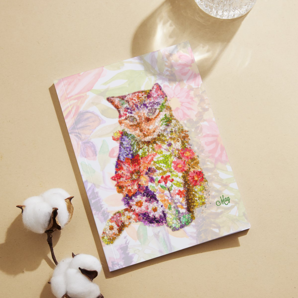 Original Floral Pointillism Inspired Cat Art Card – Vibrant Color