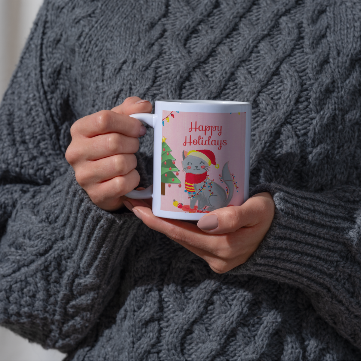 Grey Cat & Fairy Lights Mug – Happy Holidays Cat Ceramic Coffee Mug